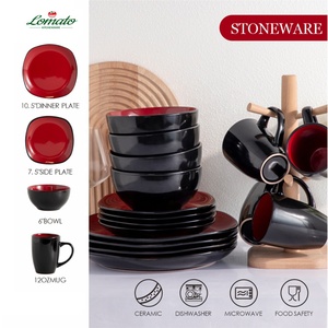 16Pcs Sẵn Sàng Để Tàu Đen Đỏ Hai-Tone Màu Men Đồ Đá Tấm Bộ Đồ Ăn Cho Nhà Hàng Khách Sạn - Product Image 2