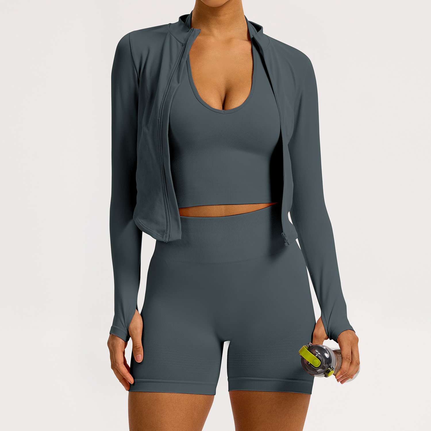 Dark grey coat+bra+shorts