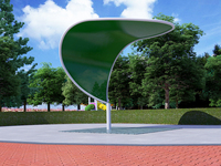 Auvent paysager en membrane tendue courbée, imperméable, pour zone de repos publique