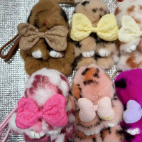 Porte-clés lapin en fourrure véritable de 15 cm avec nœud tacheté, pompons en peluche, porte-clés lapin mignon et moelleux, porte-clés lapin arc-en-ciel