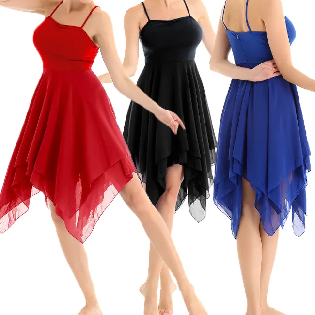 カスタム女性安いダンスウェアセクシーなノースリーブ不規則性裾ダンスドレスバレエシフォンダンスドレス