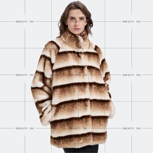 <b>Women's</b> Stand Collar Striped Faux Mink Fur Mid Length <b>Coat</b> Loose Oversized Winter Warm Plush Fur Jacket with Side Pockets - Product Image 6