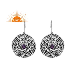 Weaving Design Oxidized 925 Silver Dangle Earrings Natural Amethyst Gemstone Earrings Jewelry Wholesale