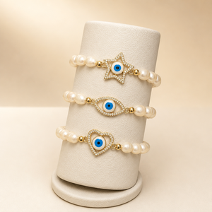 Bracciali <span class=keywords><strong>con</strong></span> Charm di Perle Ostriche Bianco Sporco <span class=keywords><strong>e</strong></span> Ciondoli Occhio di Allah Dorati <span class=keywords><strong>con</strong></span> Pietre Trasparenti per Uso Quotidiano - Product Image 1