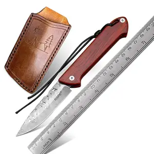 Rosewood Handle Damascus Higonokami Folding Pocket knife with Leather Sheath