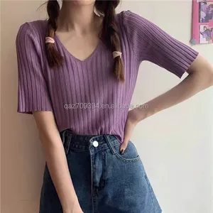 Knitted Women Short Sleeve 2023 Summer New Fashion Casual Korean Version Of Top Factory Discount Stall Tail Goods Wholesale Netw