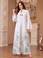 Robe longue musulmane élégante à col montant, imprimé floral, en polyester, avec broche métallique et poignets à revers, manches longues, coupe modeste