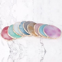 Sous-verre en cristal de géode d'agate en gros, tranche de pierre, bordure dorée, rond, quartz rose blanc