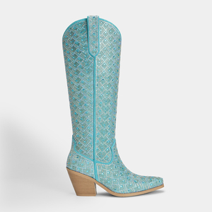 WETKISS Stivali da Cowboy di Lusso con Strass <span class=keywords><strong>Blu</strong></span>, Tacco Grosso, Punta Affusolata, Altezza al Ginocchio, Stile Western per <span class=keywords><strong>Donna</strong></span>, Ideali per Feste - Product Image 2