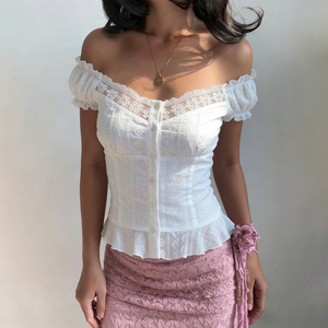 Blusa Casual de Mujer con Botones, Manga Abullonada, Cuello con Lazo, Transpirable, Tejida, con Parches de Encaje Floral Chic para Verano 2026 - Product Image 1