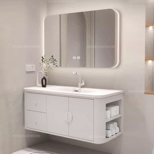 Meubles <span class=keywords><strong>de</strong></span> salle <span class=keywords><strong>de</strong></span> bain couleur crème haute brillance <span class=keywords><strong>avec</strong></span> armoire latérale <span class=keywords><strong>de</strong></span> toilette <span class=keywords><strong>lavabo</strong></span> armoire miroir LED pour salles <span class=keywords><strong>de</strong></span> bain - Product Image 1