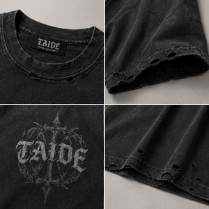 T-shirt TaiDe certifié BSCI, style vintage, motif croix gothique, effet usé, imprimé avant et arrière, fabrication <span class=keywords><strong>sur</strong></span> <span class=keywords><strong>mesure</strong></span> ODM, fabricant <span class=keywords><strong>de</strong></span> haute qualité - Product Image 2