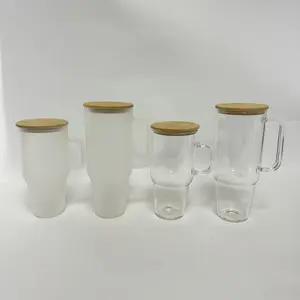 40oz 32oz süblimasyon boşlukları cam su bardağı saplı temizle buzlu 40oz bira bardağı bambu kapaklı ve saman ile seyahat kupa