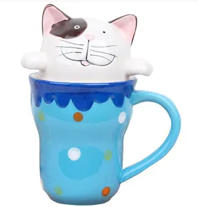 Joinste- 3D 고양이 커피 머그잔, 손으로 그린 새겨진 동물 만화 머그잔 핸들 사용자 정의 세라믹 머그잔