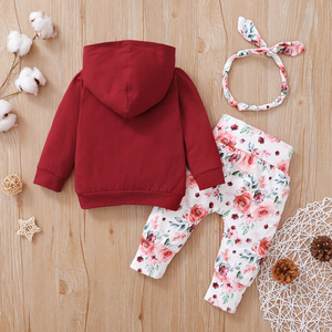 4 colori autunno 3 pezzi completi per bambini manica lunga con cappuccio stampato floreale <span class=keywords><strong>tasca</strong></span> top pantaloni fascia per capelli set di vestiti per neonate - Product Image 2