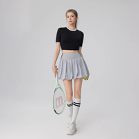 Setelan Rok Kasual Bulu Tangkis/Golf/Tenis Lengan Pendek Motif Bunga Musim Panas, Bahan Spandex/Nilon 220g, Kerah Bulat, Model Ramping untuk Wanita