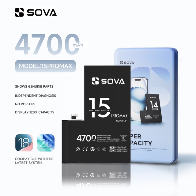 SOVA New 0 Cycle IOS26 Diagnostic Genuine High Capacity Phone Battery for Genuine iPhone Battery for iPhone 15 Pro Max Batteries