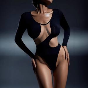 Eco-Friendly Solid Color Mesh Panel Bodysuit Sexy Slim Fit <b>Long</b> <b>Sleeve</b> Base Layer Designer <b>Sheer</b> <b>Top</b> - Product Image 1