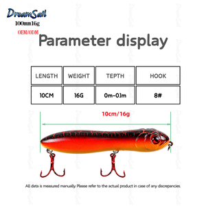 Faible MOQ, leurre de pêche à la ligne flottant de type crayon de 100 mm, 16 g, action de type 'walk the dog', leurre dur flottant, leurre à sonnettes, stickbait pour la pêche au black-bass, au brochet et au poisson-serpent - Product Image 3