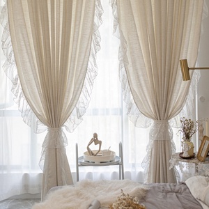 French girl princess style lace ruffled cream white bay window modern minimalista cotone <span class=keywords><strong>lino</strong></span> tinta unita <span class=keywords><strong>tenda</strong></span> da soffitto - Product Image 2