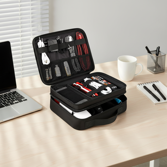 Factory Custom Water Resistant Electronics Travel Organizer Double Layer Cable Storage Bag