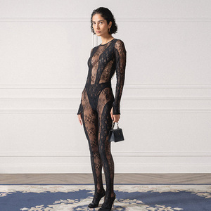 Combinaison dos nu en dentelle pour femme, taille haute, manches longues, transparente, pour soirée, avec chaîne de fausses perles, design sans couture - Product Image 2