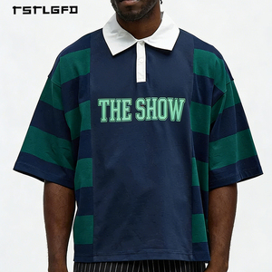 Maglietta Vintage Oversize a Blocchi di Colore in Cotone Termico Pesante a Maniche Corte per <span class=keywords><strong>Uomo</strong></span>, Polo a Righe Stile Rugby - Product Image 1