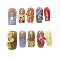 Ongles Press-on Faits Main 10 Pièces Personnalisables Carrés Moyens Motifs Tropicaux Fleurs 3D Fruits d'Été Goutte de Rosée Ongles de Luxe à Presser