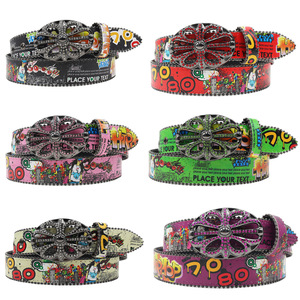 <span class=keywords><strong>Ceinture</strong></span> en <span class=keywords><strong>cuir</strong></span> PU style bohème occidental pour femme, avec strass, imprimé graffiti coloré et <span class=keywords><strong>boucle</strong></span> métallique surdimensionnée à fleur évidée - Product Image 5