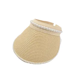 防紫外线宽边帽夏季沙滩遮阳板空顶太阳草帽珍珠可调夹女遮阳板帽
