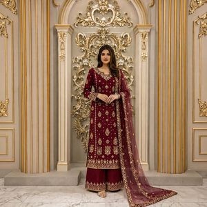 Burgundy Embroidered Indian Pakistani Set Long <b>Top</b> Palazzo Dupatta <b>Net</b> Party Outfit Women Heavy Faux Georgette Quick Dry All - Product Image 1