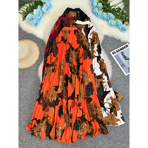 Robe vintage haut de gamme imprimée de fleurs végétales, taille <span class=keywords><strong>empire</strong></span>, infroissable, plissée, coupe trapèze, pour l'été, style Europe, Amérique, Afrique du Sud - Product Image 1