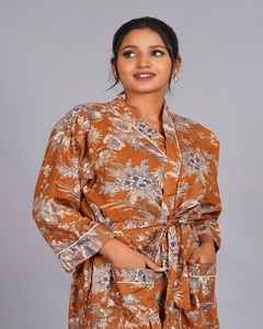 Robe de chambre romantique de luxe marron imprimée 100 % coton à manches longues, longueur genou, avec cordon de serrage, écologique - Product Image 1
