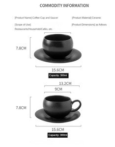Juego de Taza y Plato de Cerámica Esférica con Acabado Escarchado, 300 ml, Negro Mate y Blanco, con Rayas Pintadas a Mano, para Cafetería - Product Image 5