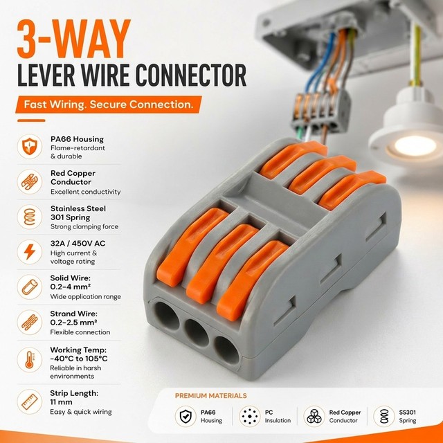 3 Ways to 3 Spring Terminal Blocks Electric Cable Lever Wire Connectors Electrical Equipment & Supplies Connectors & Terminals