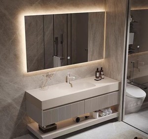 Luxury double layer rock slab bathroom vanity with double sink large smart illuminated <b>mirror</b> cabinet - Product Image 5