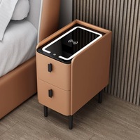 Table de chevet multifonctionnelle intelligente nordique avec chargeur sans fil sécurisé, mini-meuble, lumière audio, table de chevet étroite et fine en cuir