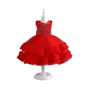 Fluffy Peal Party Dresses For Girls Wedding Birthday Princess Dress Lace Bow Girl Evening Ball Gown