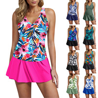 Maillot de bain tankini OEM pour femme, effet ventre plat, col en V, motif floral bleu, 2 pièces avec jupe, taille haute, maillot de bain modeste, vente en gros