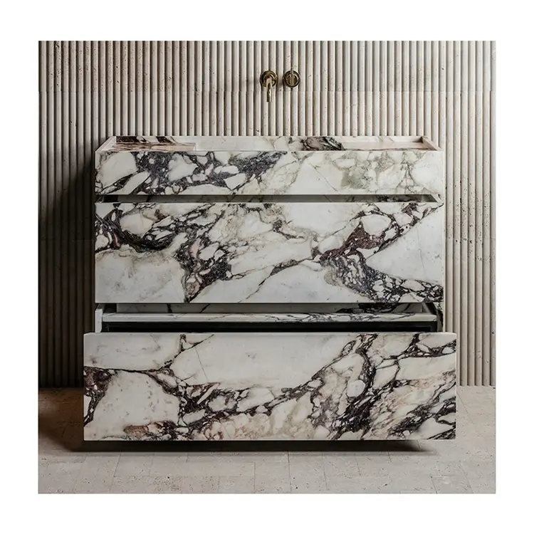 Coiffeuse de luxe en marbre Meuble pour salle de bain moderne, Calacatta Viola Dalle de marbre Tiroir Meuble pour salle de bain avec lavabo