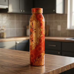 Thermos en métal au design oriental, bouteille de voyage portable, motif rouge et or - Product Image 5