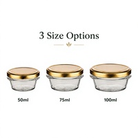 Pot en verre à profil bas avec couvercle doré, personnalisable avec logo, vente en gros, écologique, recyclable, résistant à l'humidité, 50ml, 75ml, 100ml, esthétique, pour cuisine