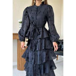 Robe de mariée élégante en mousseline noire superposée avec broderie, col montant, style vintage, coupe trapèze, respirante pour femme - Product Image 2