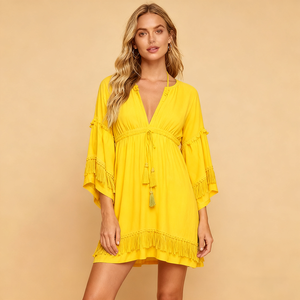 Abito Estivo da Donna Personalizzato OEM con Scollo a V Profondo, Bianco in Pizzo a Maniche Lunghe per Matrimoni e Feste, Elegante con Volant - Product Image 1