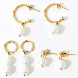 Gold Plated Stainless Steel Huggie Hoop Earrings With Pearl Dangle Earrings Stainless Steel