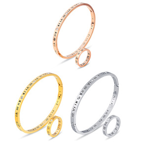 Ensemble bracelet et bague en acier inoxydable avec chiffres romains et incrustation de diamants, bijoux unisexes, coffret cadeau - Product Image 1