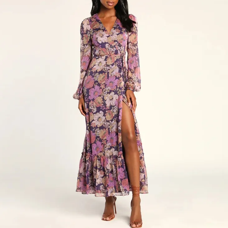 Nuevo diseño de moda vestido de mujer púrpura estampado floral manga larga abrigo Maxi vestidos verano Casual cuello pico gasa vestido de noche