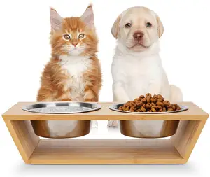 Elevated Dog Cat Dog Feeder With 2 Stainless Steel Bowls Eco-friendly High Quality Bamboo Raised Stand Pet Feeder