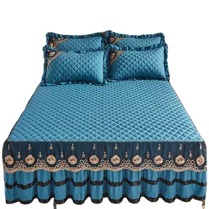 Conjunto de cama com renda e saia de cama, conjunto de 3 peças estilo queen size, edredon de cama