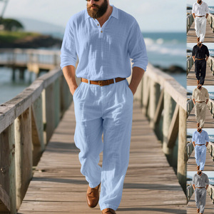 Autunno Casual per il tempo libero quotidiano da <span class=keywords><strong>uomo</strong></span> a maniche lunghe camicia <span class=keywords><strong>e</strong></span> <span class=keywords><strong>pantaloni</strong></span> due pezzi completi <span class=keywords><strong>di</strong></span> <span class=keywords><strong>lino</strong></span> <span class=keywords><strong>di</strong></span> alta qualità - Product Image 2